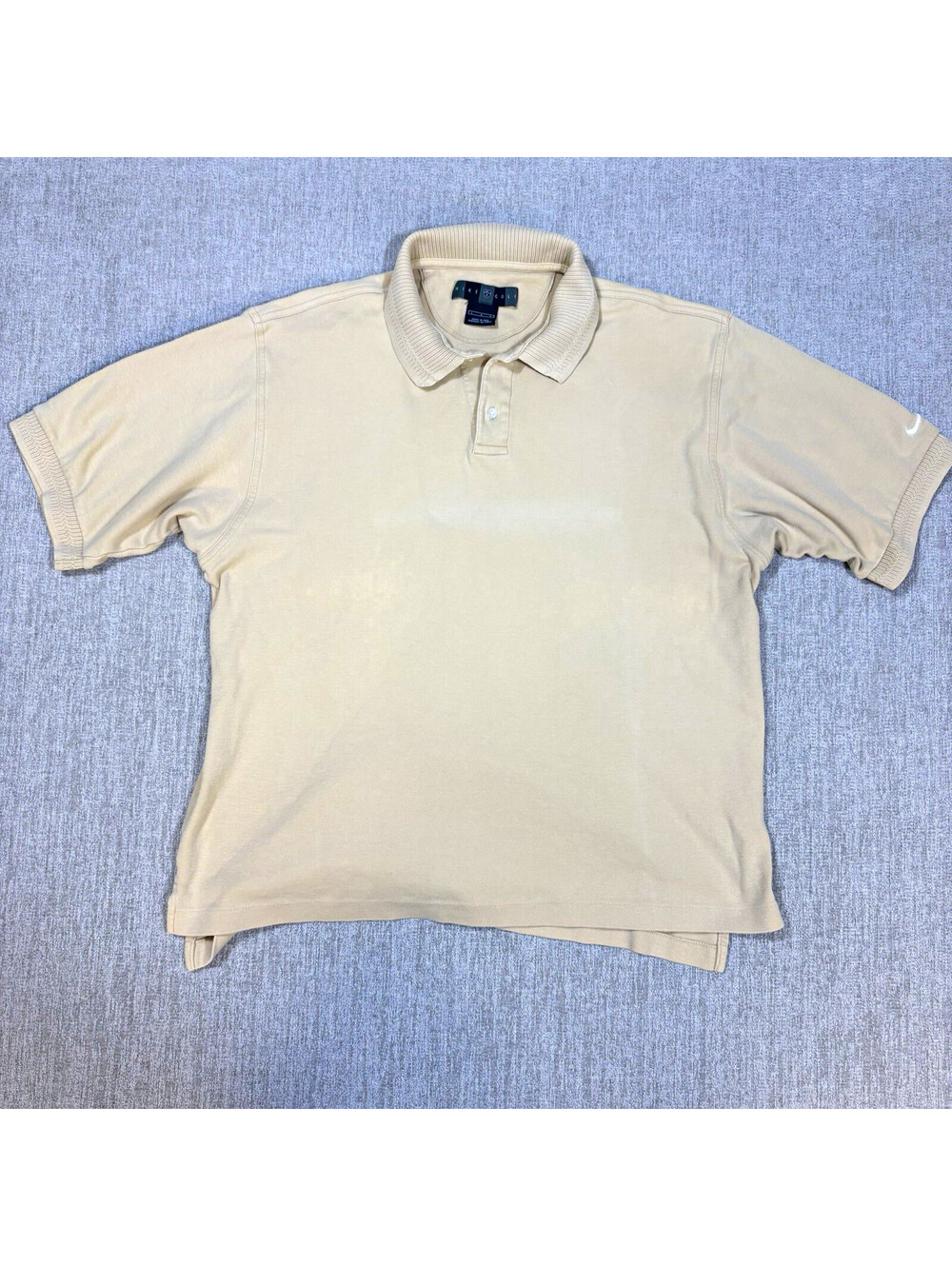 Y2K Nike Golf Polo Mens Large Beige Tan Cotton Pique Short Sleeve Ribbed Collar